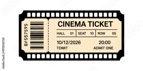 Cinema ticket stub with barcode and seat details for movie admission one person
