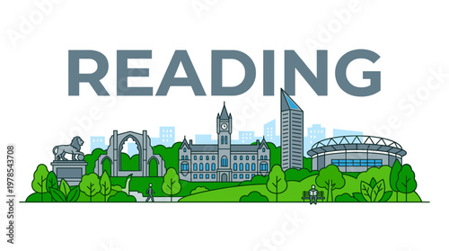 Reading city skyline with landmarks and park in flat vector illustration style