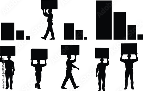 Silhouette illustration of businessmen carrying heavy rectangular boxes over their heads near bar charts, representing corporate business growth concept design