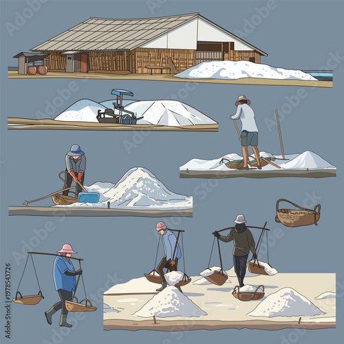 Traditional Sea Salt Farming in Samut Sakhon Thailand Vector Illustration Set