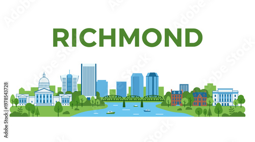 Richmond Virginia skyline featuring James River and state capitol vector illustration