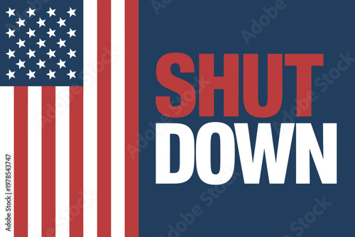 American flag design with shut down text on blue background