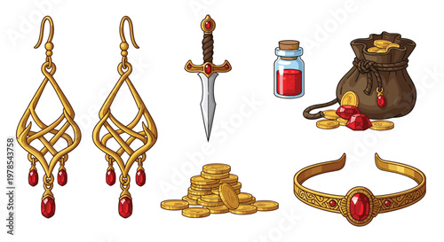 Ornate fantasy treasure set including golden earrings with red rubies, a jeweled dagger, a potion bottle, a pile of gold coins, and a royal crown.
