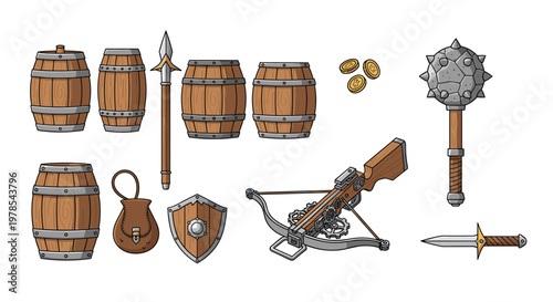 Comprehensive collection of fantasy game props including wooden barrels, a sharp spear, leather pouch, wooden shield, crossbow, coins, and spiked mace.