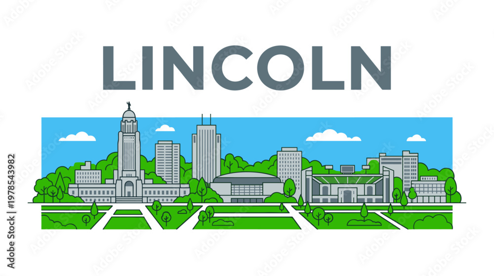 Naklejka premium Stylized Lincoln Nebraska city skyline with state capitol building flat vector illustration
