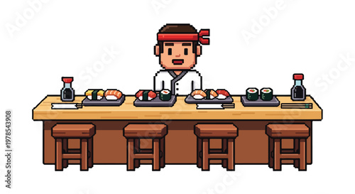A pixel art vector illustration features a friendly sushi chef standing behind a wooden counter filled with fresh sushi rolls and soy sauce.