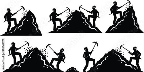 Silhouette illustration of coal miners working hard with pickaxes on rock piles, mining industry workers, heavy manual labor vector design