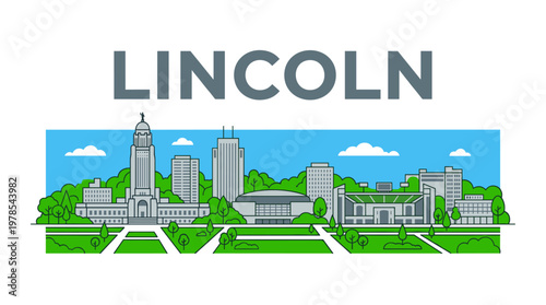 Stylized Lincoln Nebraska city skyline with state capitol building flat vector illustration