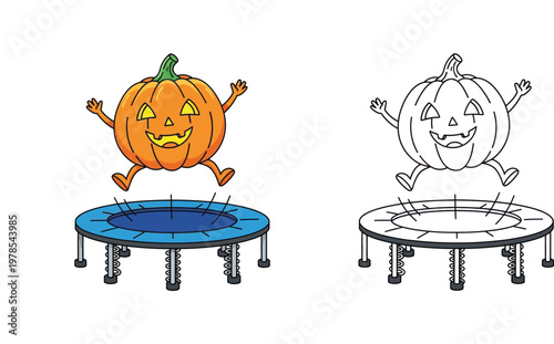 Pumpkin Character Jumping on Trampoline Illustration and Coloring Page for Halloween