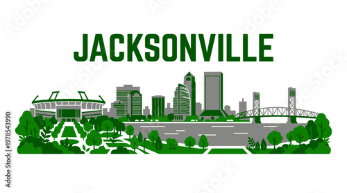 Stylized Jacksonville Florida skyline with stadium and bridge green vector illustration