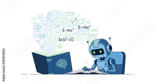 Futuristic blue robot reads an open book while glowing digital circuits and complex mathematical formulas float above it on a clean white studio backdrop.
