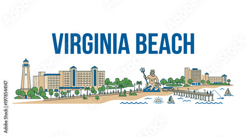 Virginia Beach oceanfront skyline with Neptune statue and lighthouse flat vector illustration