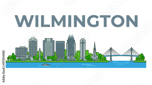 Wilmington North Carolina city skyline with waterfront and bridge flat vector illustration