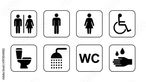 Black and white icons for restroom and bathroom facilities signage