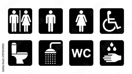 Set of white icons for restroom and toilet on black background
