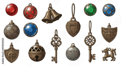 Intricate bronze fantasy pendants and ornate keys display metallic textures alongside polished colorful gemstones arranged neatly on a pristine surface.