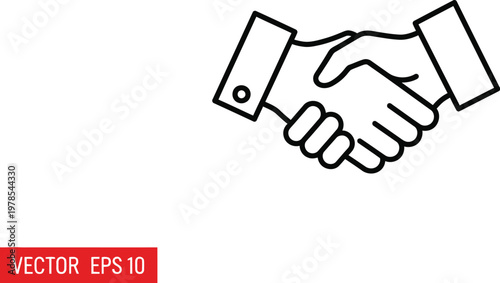 Professional outline icon of two hands shaking, representing a successful business deal or partnership agreement, perfect for corporate presentations or digital communication.