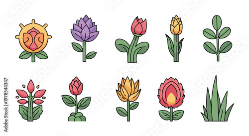 Stylized collection of ten colorful flowers and plants features diverse shapes and vibrant hues arranged in a clean, minimalist vector art composition.