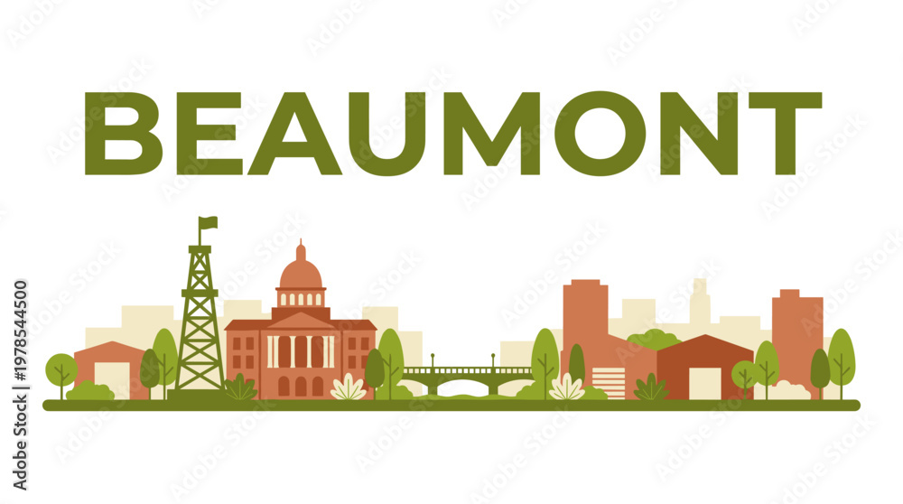 Obraz premium Beaumont Texas city skyline with oil derrick and courthouse flat vector illustration