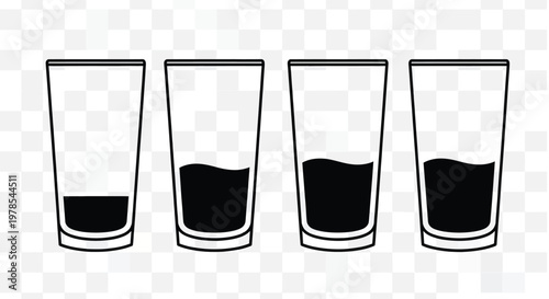 A series of four identical glasses showing progressively increasing levels of dark liquid