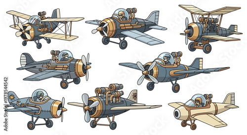 Steampunk propeller airplanes showcase varied designs, metallic colors, and unique configurations in a clean, organized collection on a white background.
