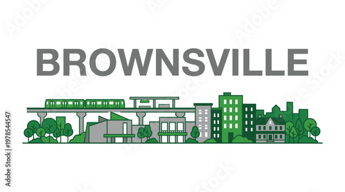 Brownsville Brooklyn skyline with elevated train and buildings flat line art vector illustration