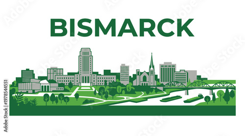Bismarck North Dakota city skyline with state capitol building and river vector illustration