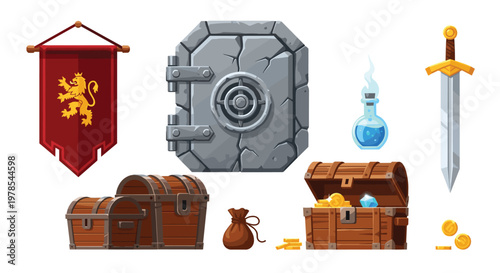 Fantasy game assets feature a regal red lion banner, a heavy stone vault door, glowing blue potions, and wooden treasure chests on a clean white field.
