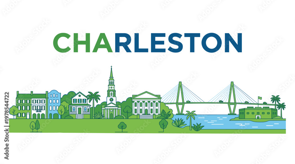 Naklejka premium Charleston South Carolina skyline landmarks with bridge and historic houses vector illustration