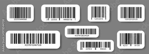 Barcode set for store price tags. Realistic barcode icon, symbols of EAN-13, UPC, ITF. Scanner-ready designs with serial numbers for market product labels, discount stickers, retail inventory system