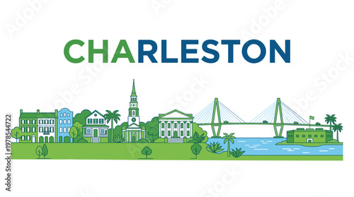 Charleston South Carolina skyline landmarks with bridge and historic houses vector illustration