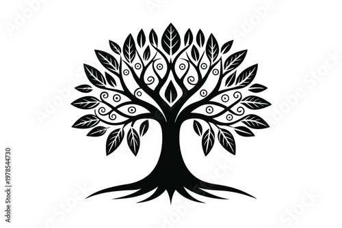 Mystical tree of life silhouette with decorative swirls and patterns.