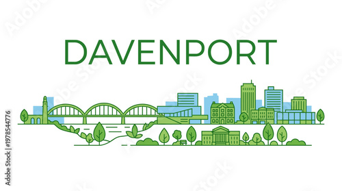 Davenport Iowa city skyline with Centennial Bridge and landmark buildings flat vector illustration