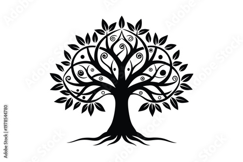 Mystical tree of life silhouette with decorative swirls and patterns.