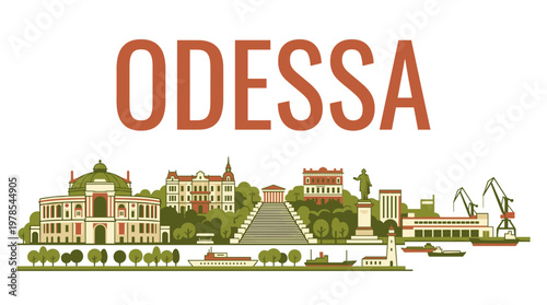 Flat vector illustration of Odessa city skyline landmarks isolated on white background