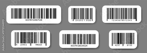 Set of EAN code stickers, linear barcode collection of labels. Product label, mark template designs with serial numbers for discount sticker, retail inventory system for barcode reader, scanner Vector