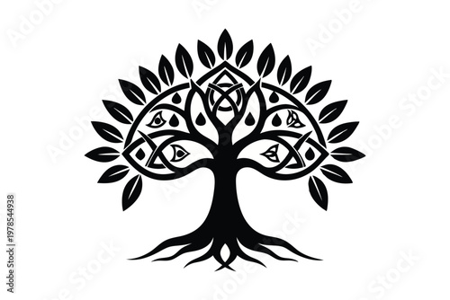 Tree of life silhouette with eye symbol for wisdom and spirituality.
