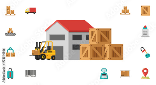 Industrial warehouse operations feature a yellow forklift moving wooden shipping crates alongside logistics icons in this clean isometric business illustration.