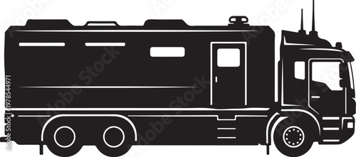 Black truck, motorhome, RV, vehicle icon, transportation symbol