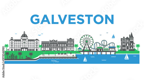 Galveston Texas city skyline featuring historic landmarks and Pleasure Pier flat vector illustration
