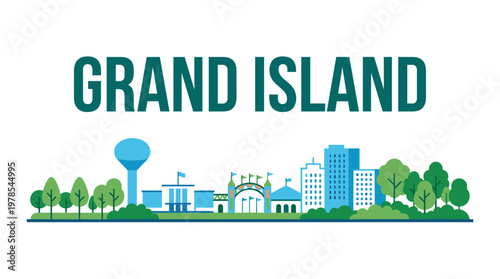 Grand Island Nebraska city skyline with stylized landmarks and trees flat vector illustration