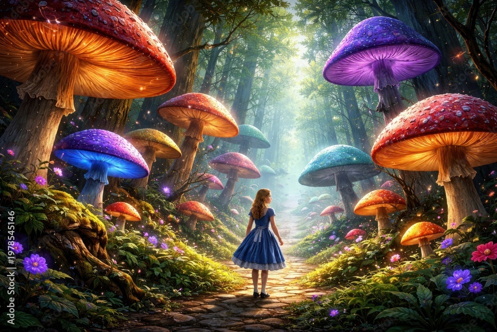 Fototapeta premium Whimsical forest with colorful mushrooms.