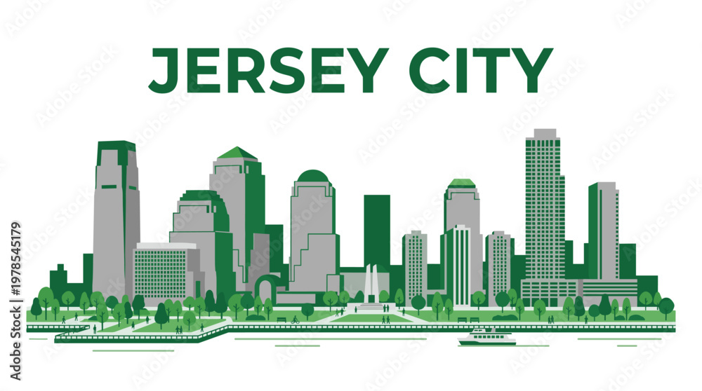 Fototapeta premium Jersey City skyline panorama with waterfront park flat green vector illustration