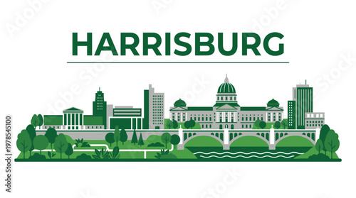 Harrisburg Pennsylvania city skyline with state capitol and bridge flat design vector illustration