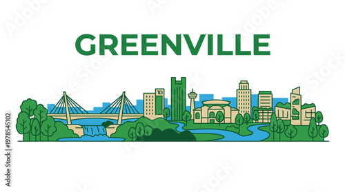 Greenville South Carolina skyline featuring Liberty Bridge and urban landmarks vector illustration