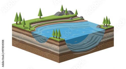 Layered subterranean soil strata support a deep blue lake basin featuring small swimming fish and lush grassy banks in this technical isometric cross-section.