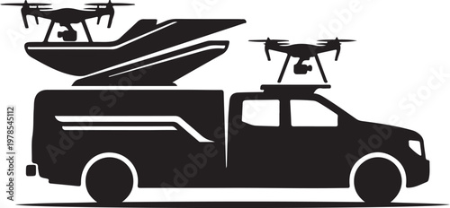 Vehicle, drone, boat transport, silhouette, black, vector graphics