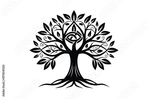 Tree of life silhouette with eye symbol for wisdom and spirituality.