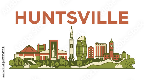 Huntsville Alabama city skyline with Saturn V rocket minimalist flat vector illustration