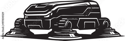 Futuristic tank, military vehicle, black illustration, robotic design, combat machine